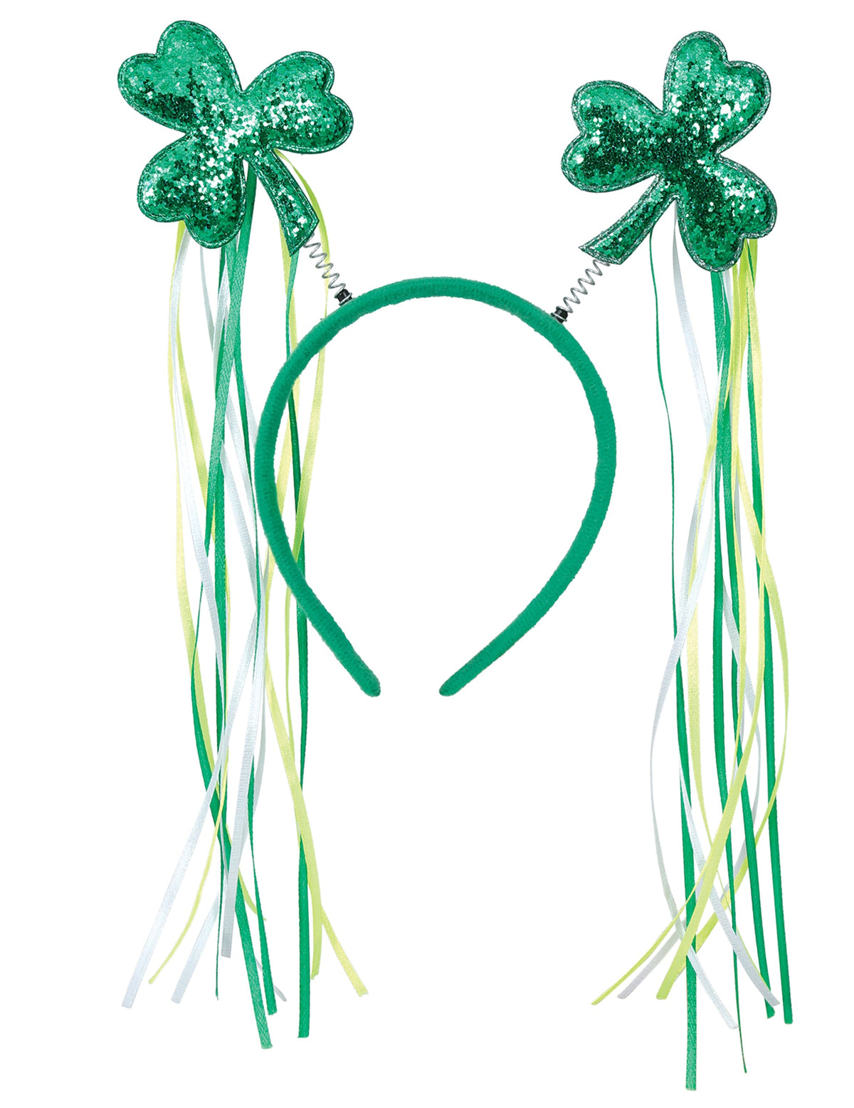 Détail des trèfles à paillettes et des rubans du serre-tête trèfles avec rubans St Patrick