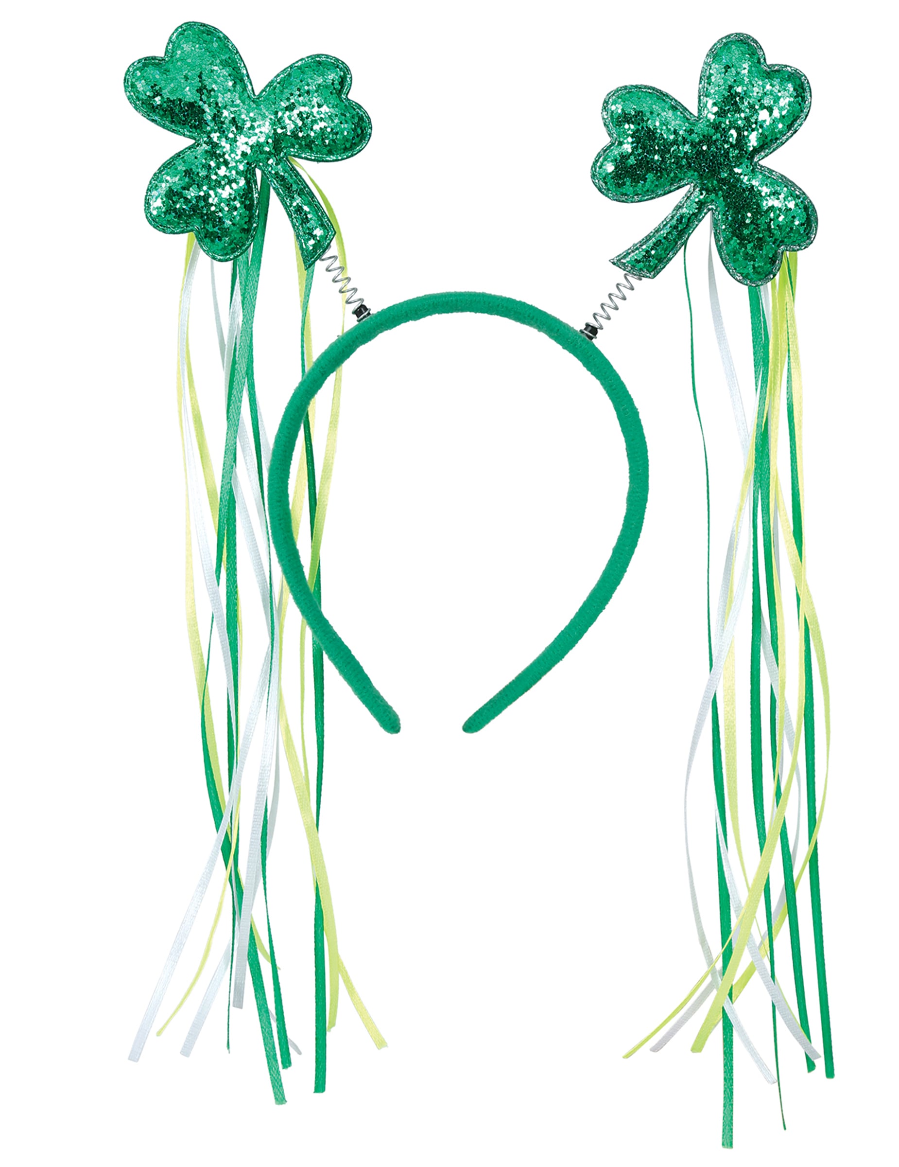 Détail des trèfles à paillettes et des rubans du serre-tête trèfles avec rubans St Patrick