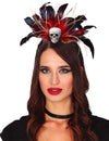 Serre-tête vaudou pour femme avec plumes rouges et noires, paille et petit crâne
