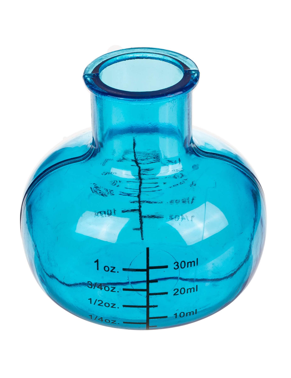 Vue de face du verre bleu gradué du set de 4 verres shooters chimiste