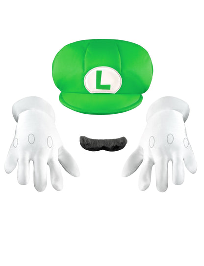Vue d'ensemble de la casquette de la moustache et des gants du set accessoires Luigi pour enfant