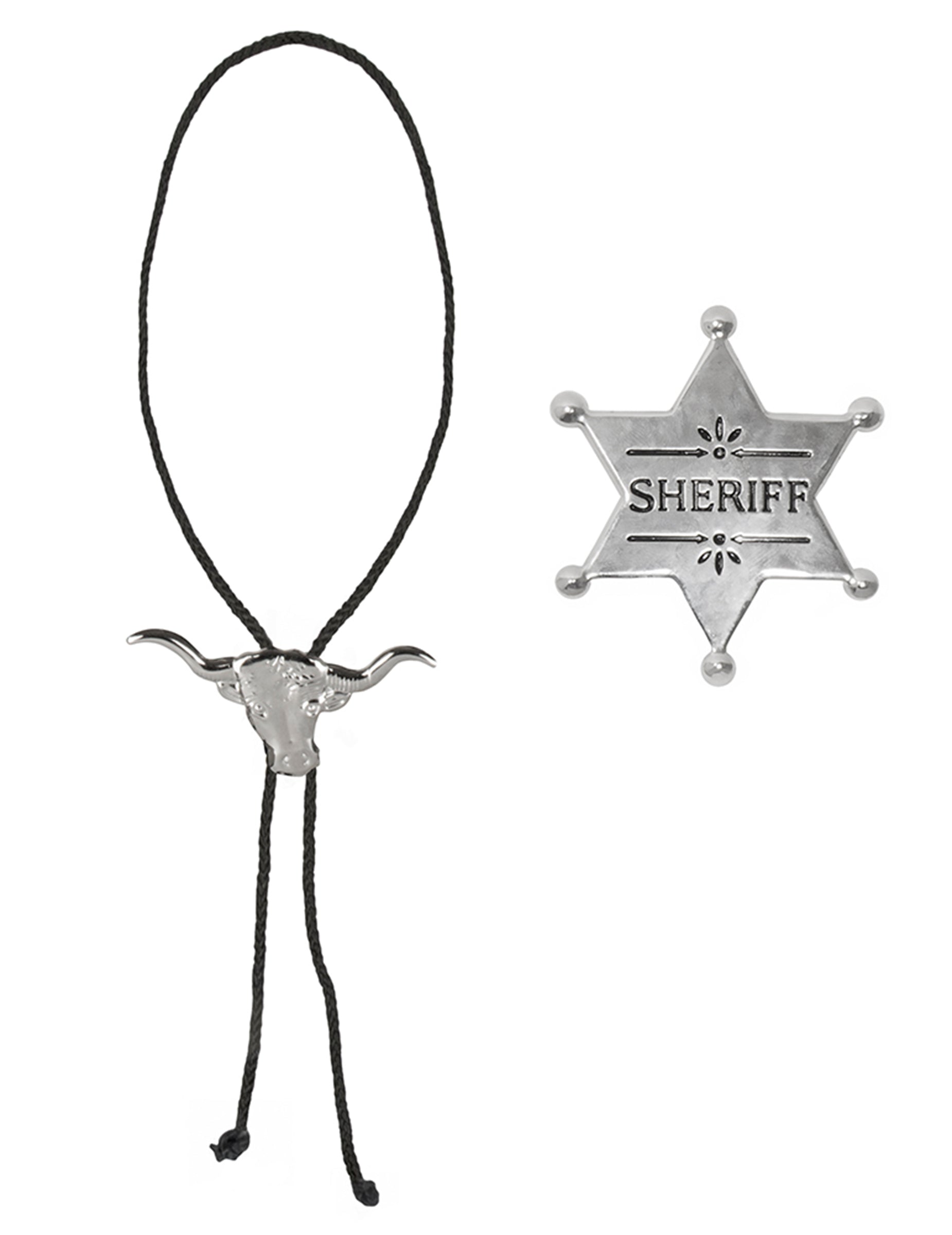Détail du bolo tie et de l'étoile de shérif du set d'accessoires de cowboy