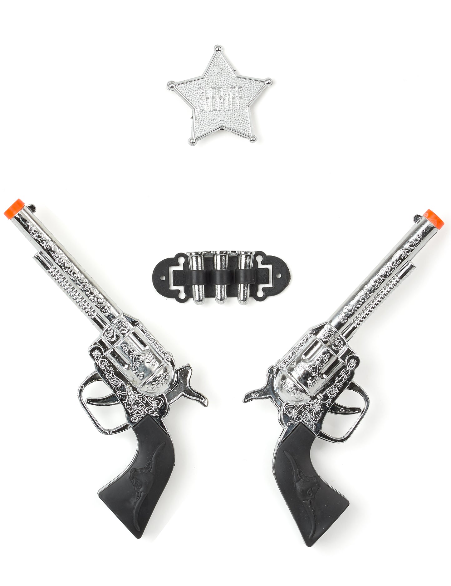 Set de 2 pistolets en plastique de cowboy pour enfant argent avec étoile de shérif