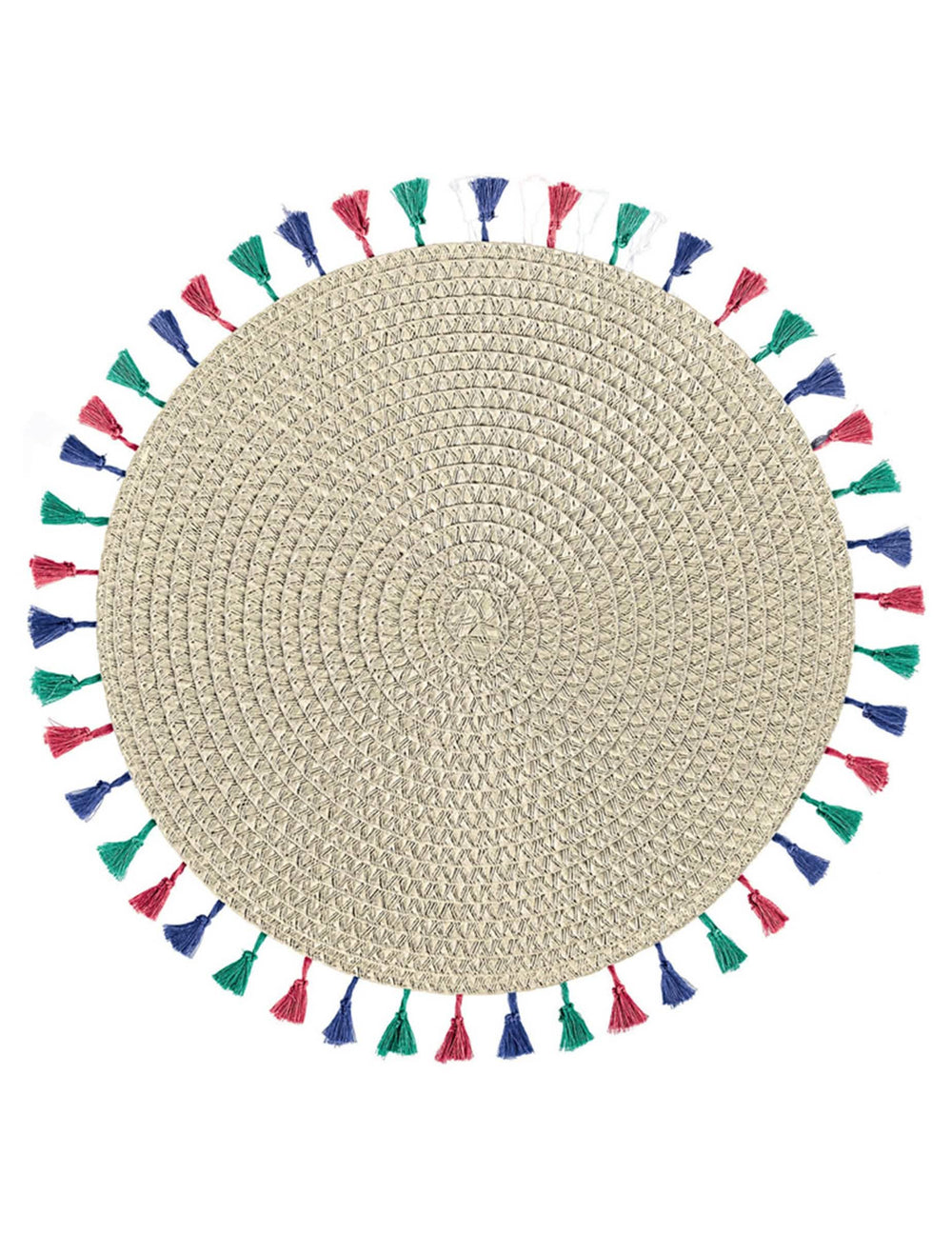 Set de table boho vibes beige rond avec pompons multicolores