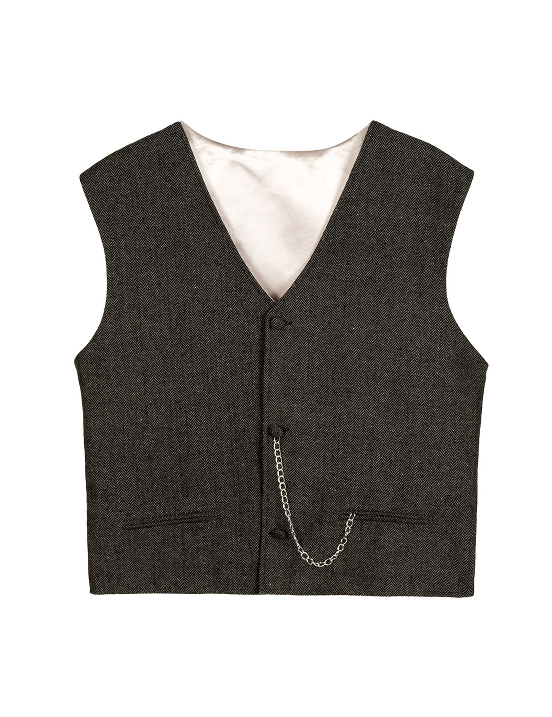Vue de face du gilet avec sa chaîne du set déguisement années 20 homme