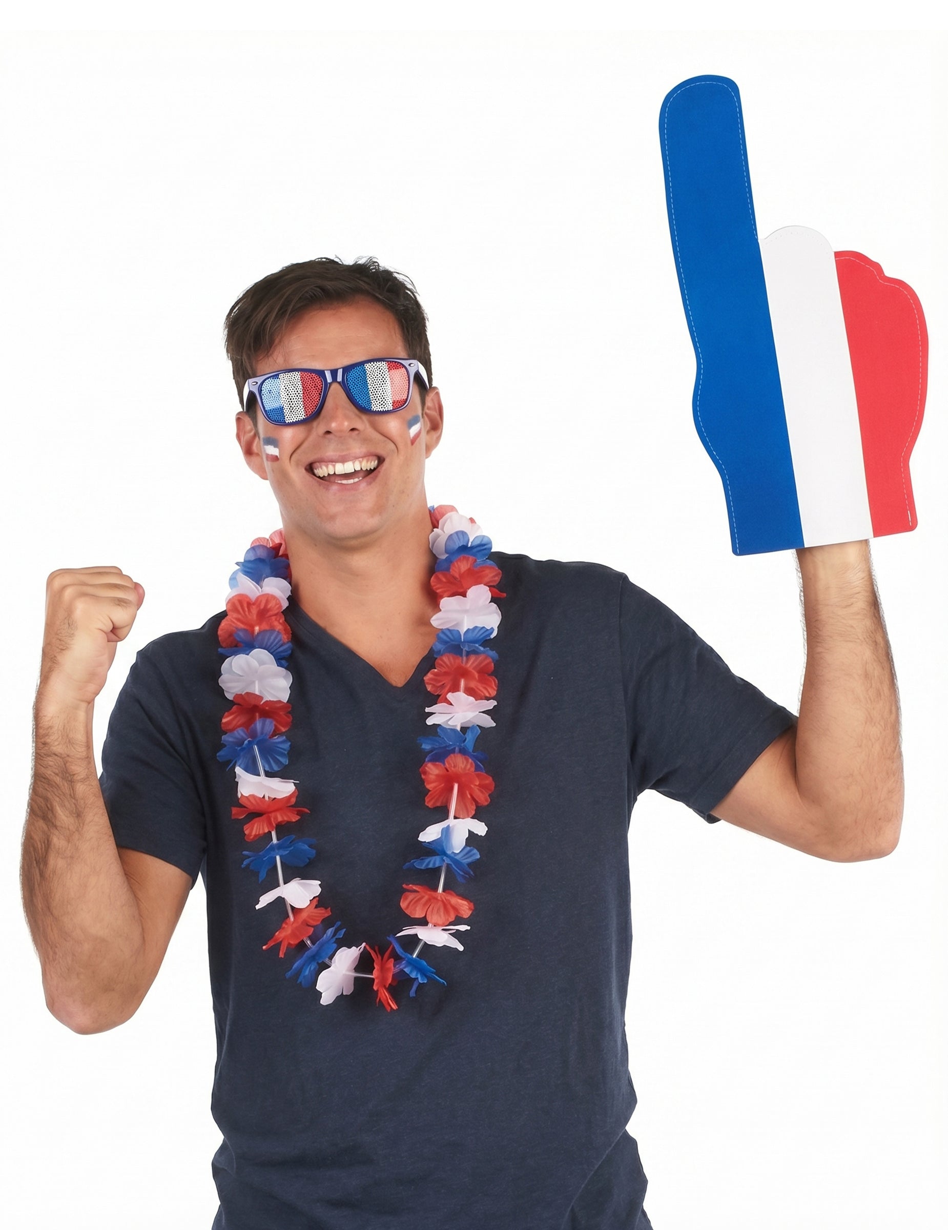 Set du supporter France pour adulte avec lunettes collier hawaï et main géante bleu blanc rouge