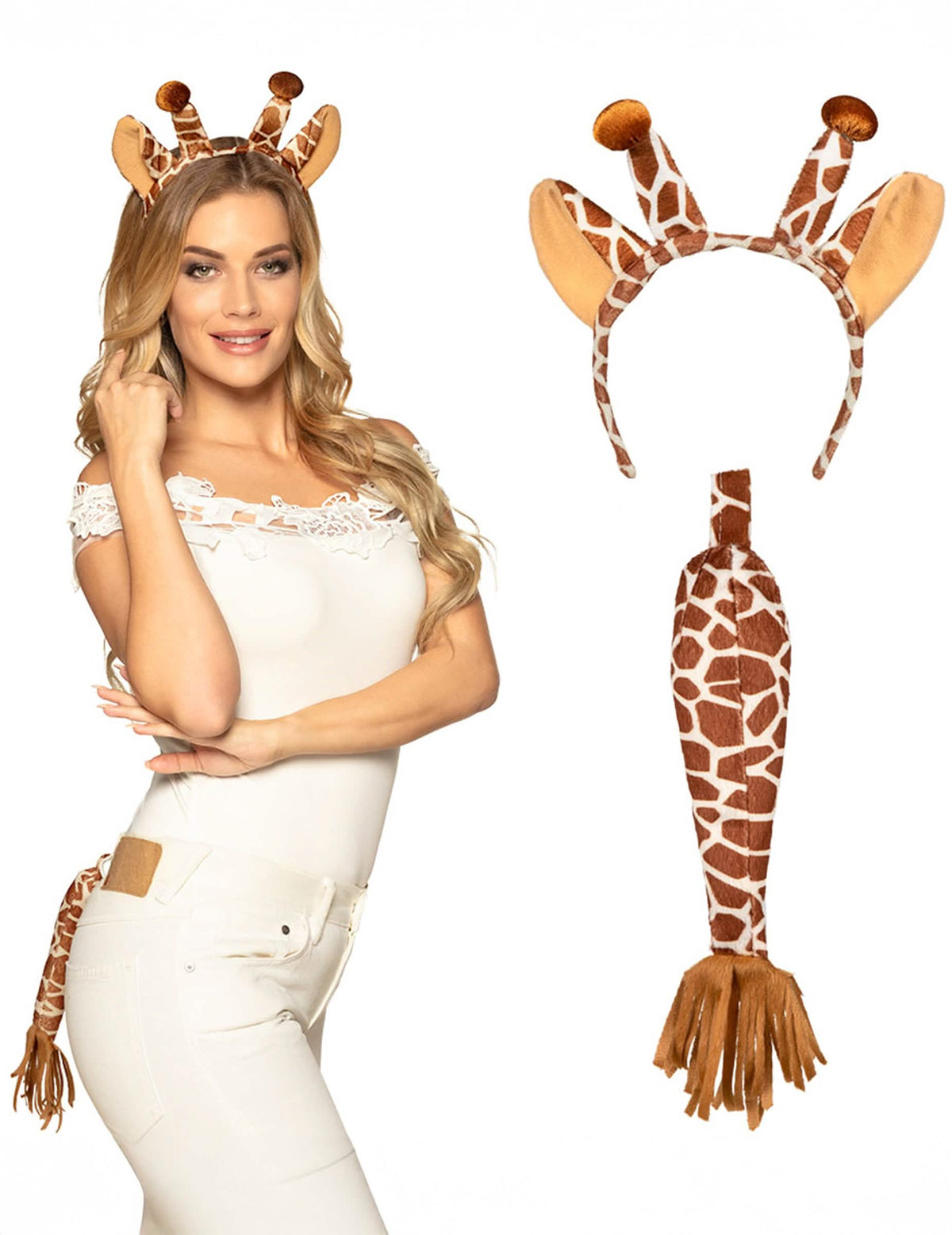 Giraffen-Set für Erwachsene Braun und Weiß mit Haarreif und Schwanz