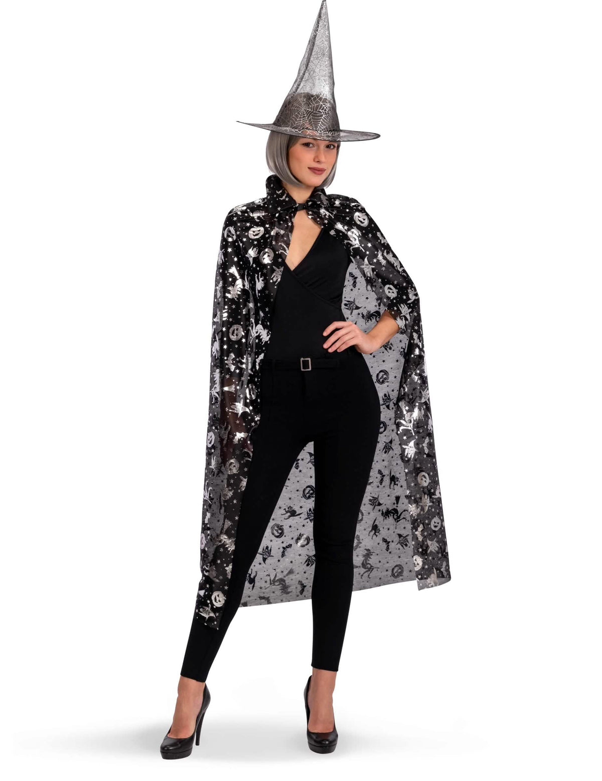 Set de sorcière chapeau et cape pour femme noir et argent