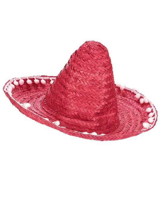 Seitenansicht des roten Sombrero für Erwachsene mit weißer Bordüre aus Cheerleader Pompons