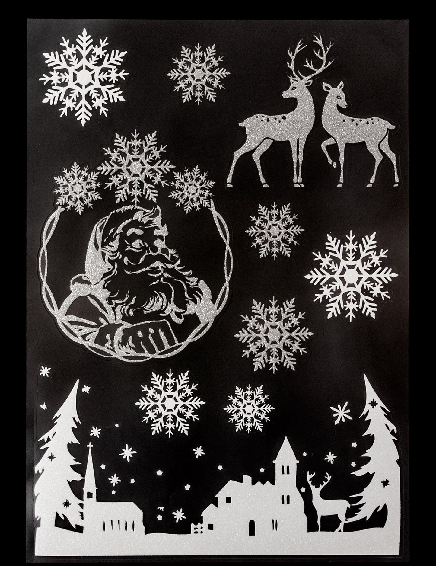 Stickers pour vitre village de noël et flocons pour décoration argentés pailletés