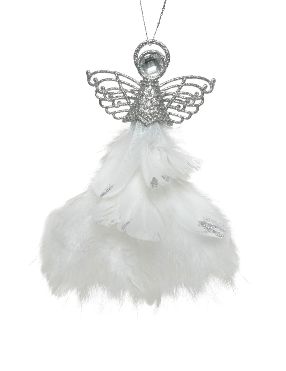 Suspension ange argenté et plumes blanches