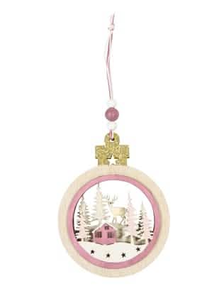 Suspension boule en bois village de Noël pour sapin rose avec cerf et paillettes dorées