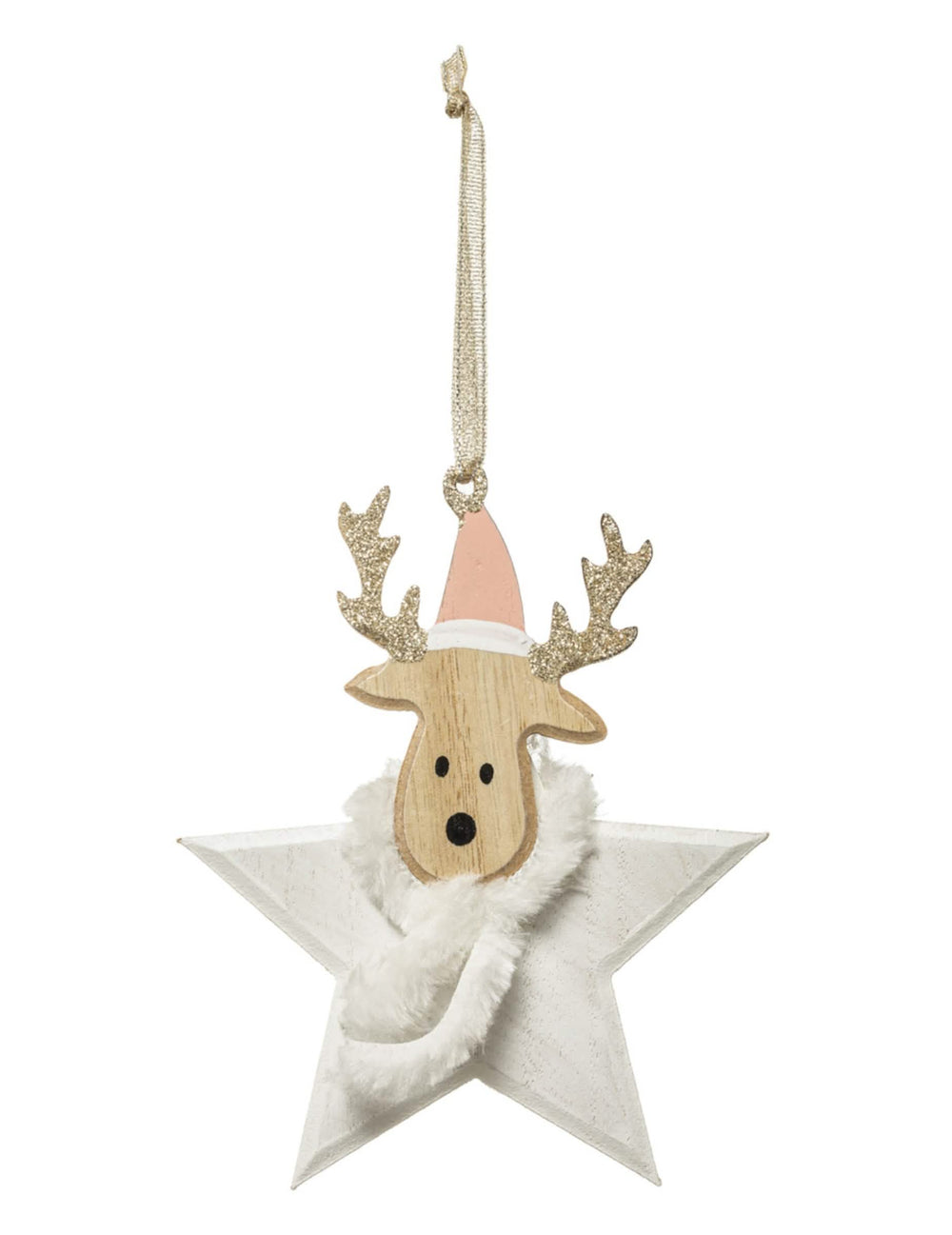 Suspension en bois renne étoile pour sapin avec bonnet rose et écharpe blanche