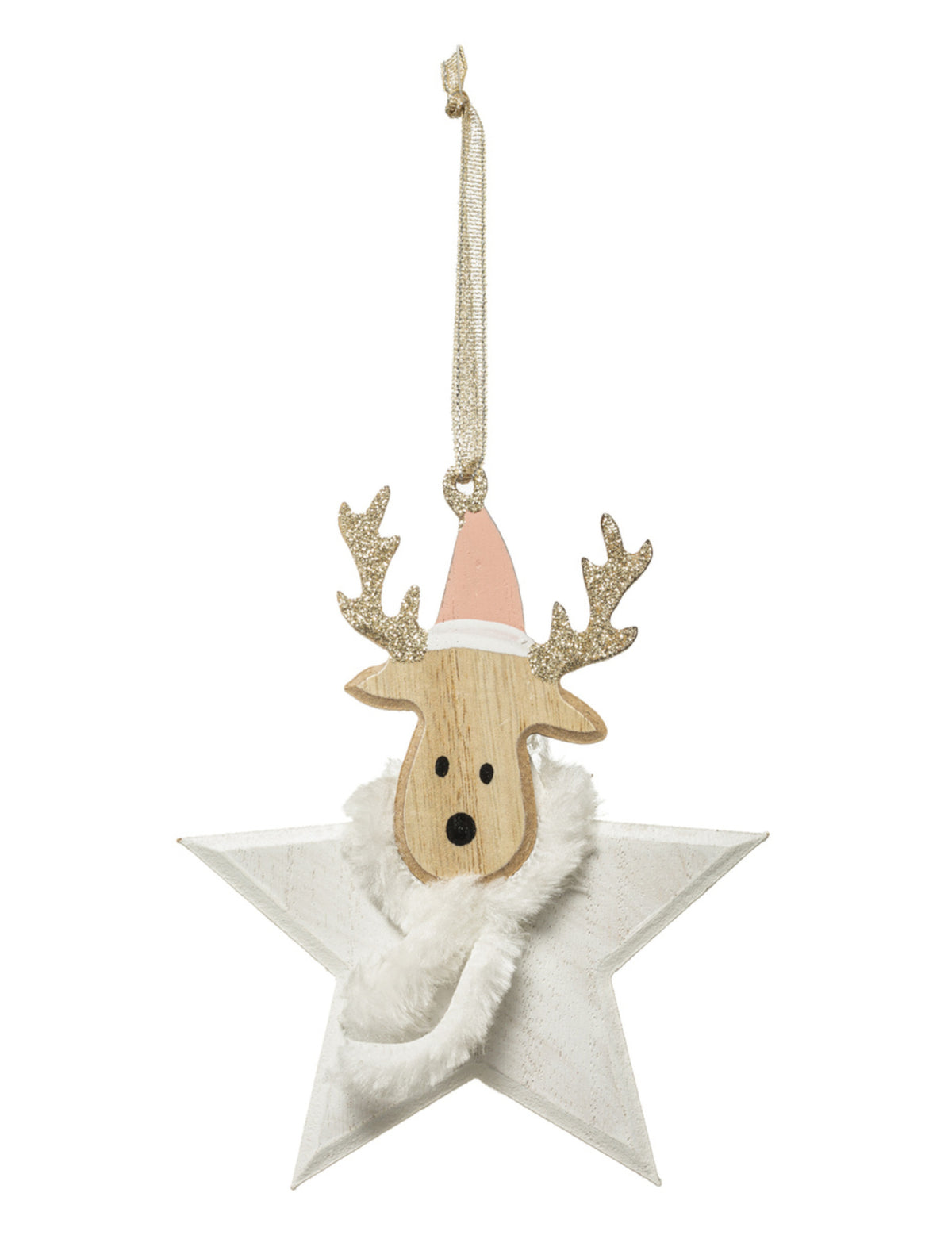 Suspension en bois renne étoile pour sapin avec bonnet rose et écharpe blanche