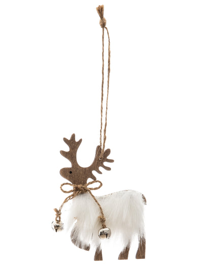 Suspension en bois renne pour sapin avec fourrure blanche et clochettes