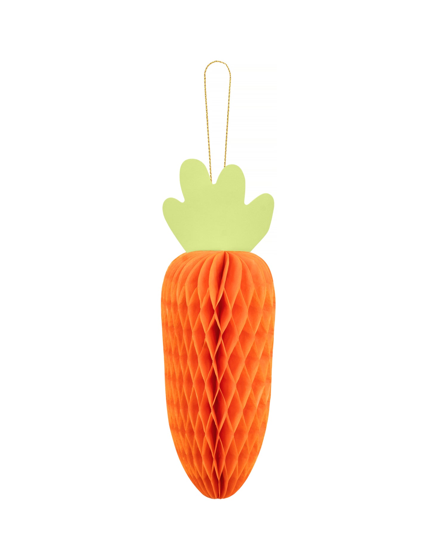 Suspension en papier alvéolé carotte pour Pâques orange et verte avec ficelle dorée