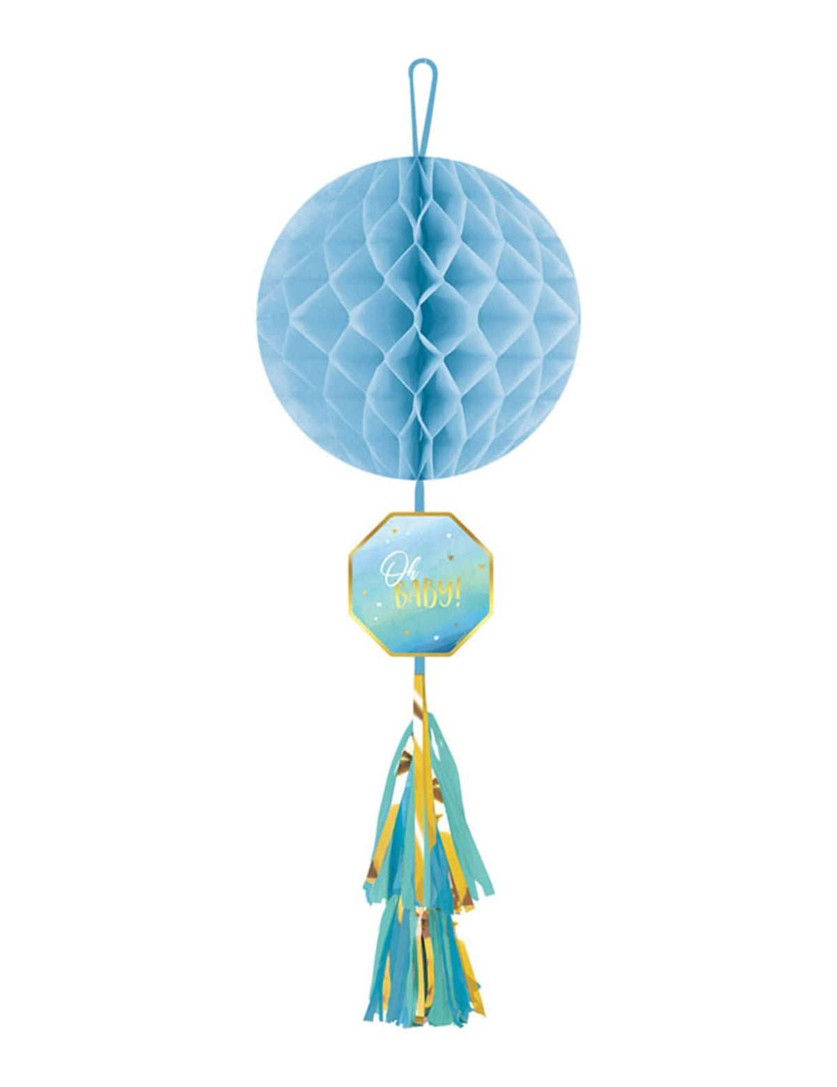 Suspension en papier alvéolé Oh Baby pour baby shower bleu et or avec tassel