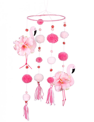 Suspension flamant rose pour décoration avec pompons roses