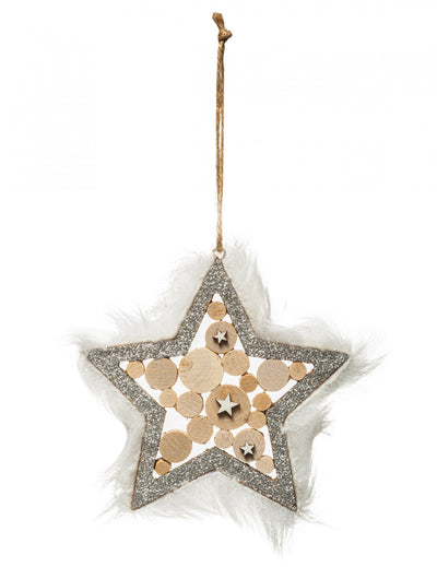 Suspension étoile en bois et argent pour sapin avec bordure en fourrure blanche