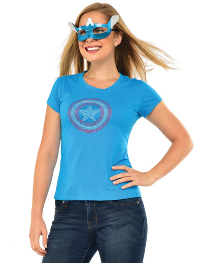 Blaues Damen-T-Shirt mit Strasssteinen und American Dream Captain America-Maske