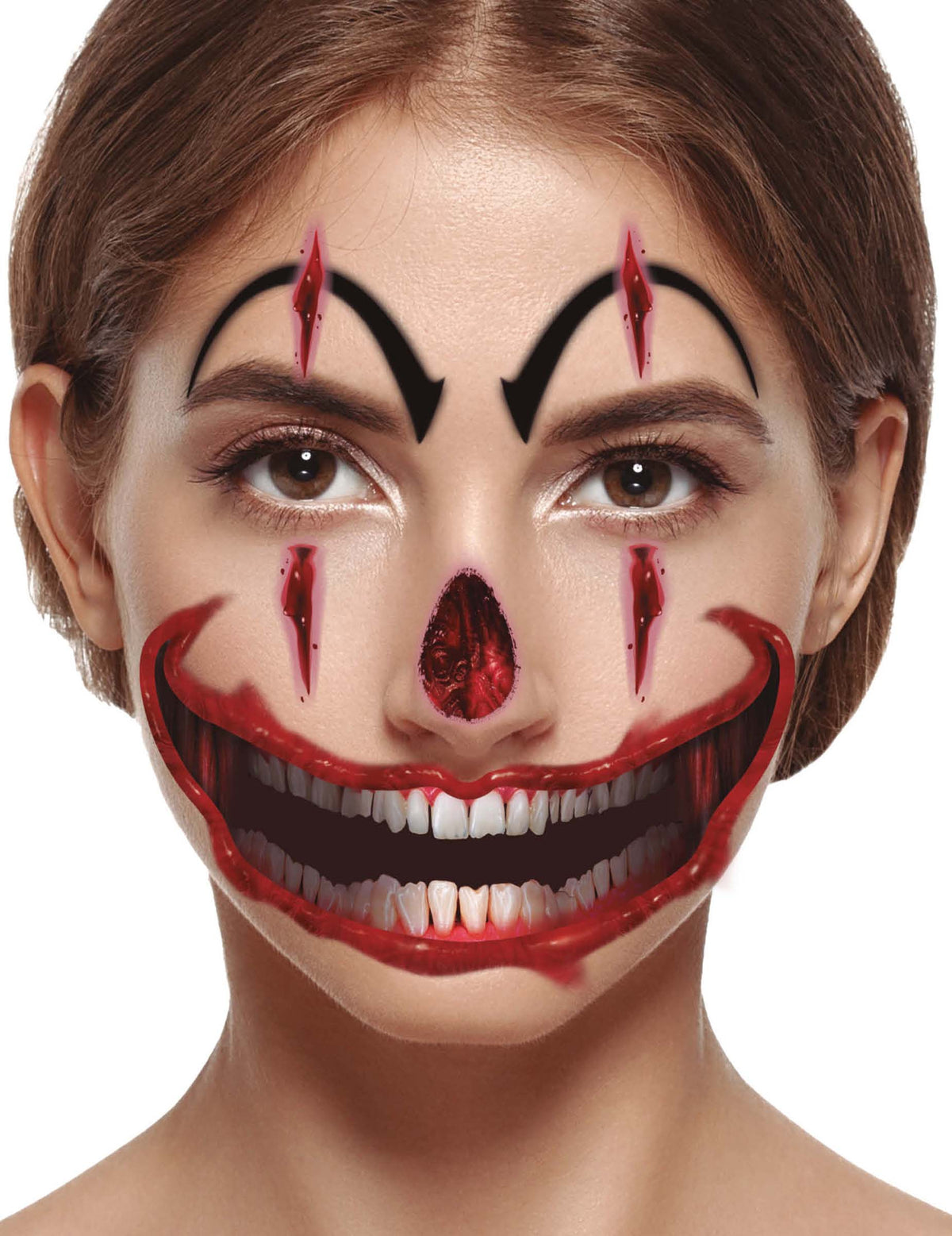 Tatouages visage clown maléfique pour adulte rouges et noirs avec bouche sanglante