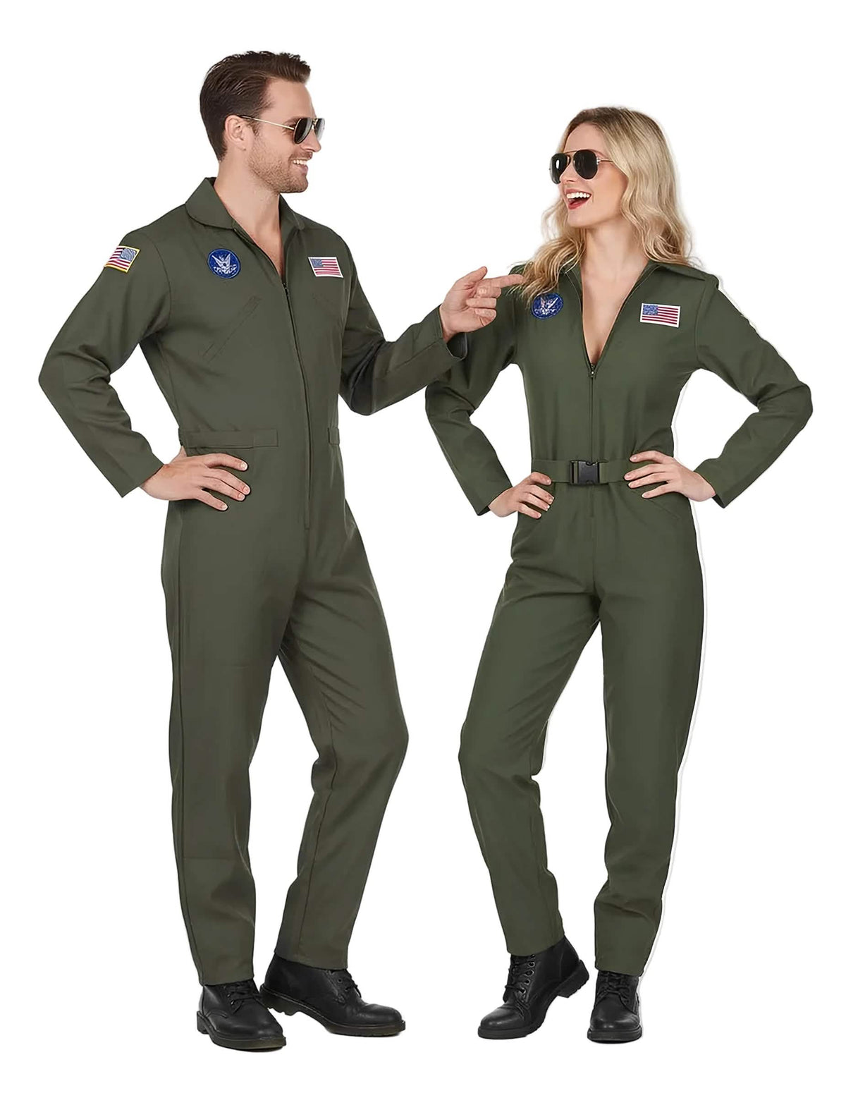 Déguisement de pilote avion pour couple adulte vert kaki avec écussons