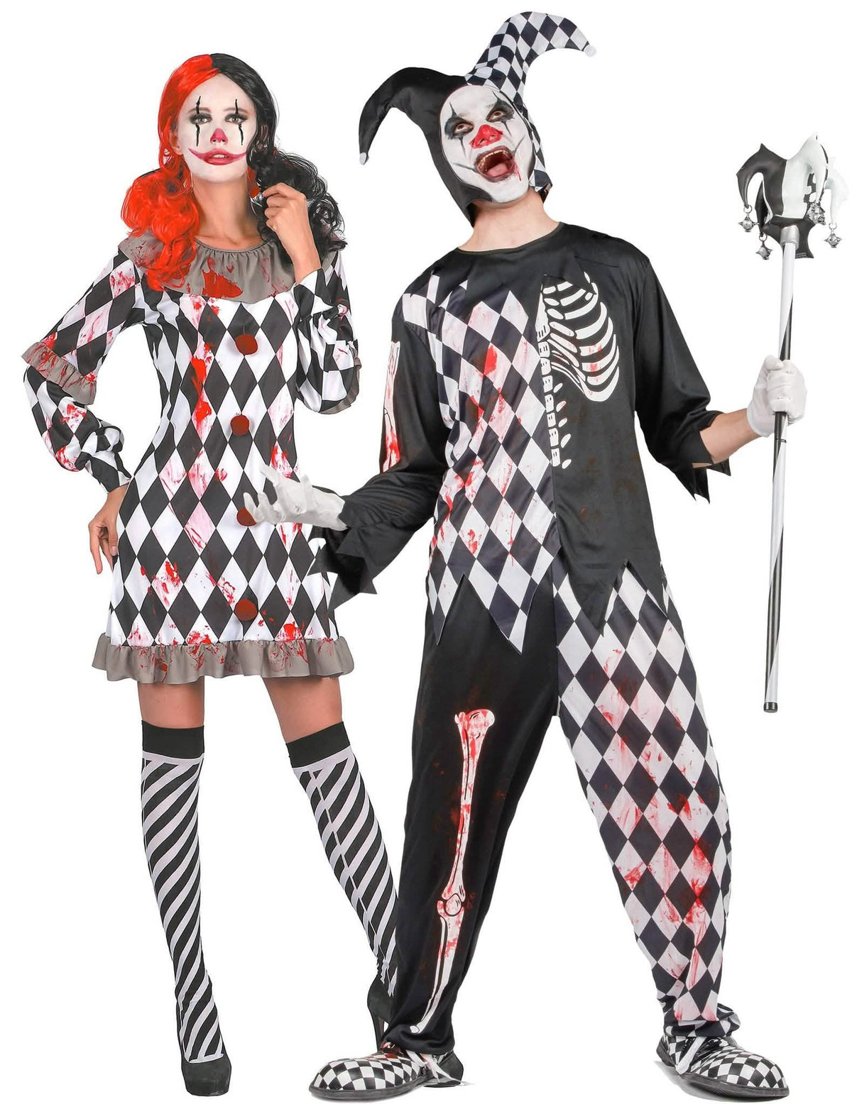 Blutiges Harlekin-Paarkostüm Halloween Clownkostüme schwarz-weiß-rot