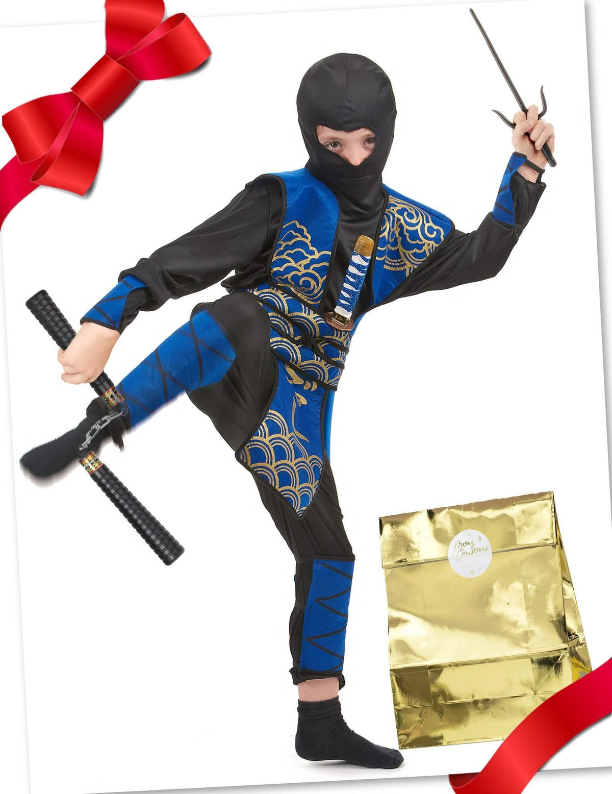 Ninja-Geschenke-Set für Kinder Krieger-Kostüm blau-schwarz