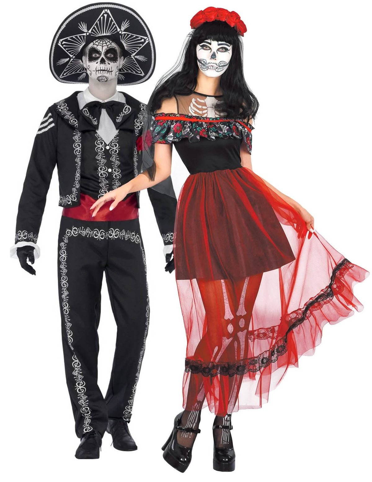 Farbenfrohes Dia de los muertos-Paarkostüm für Damen und Herren schwarz-rot-grün