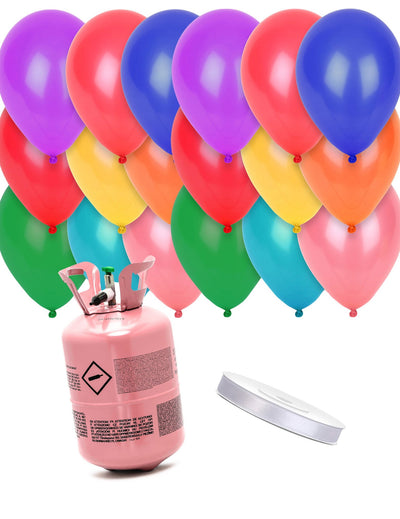 Heliumflaschen-Set mit 24 bunten Ballons und Band