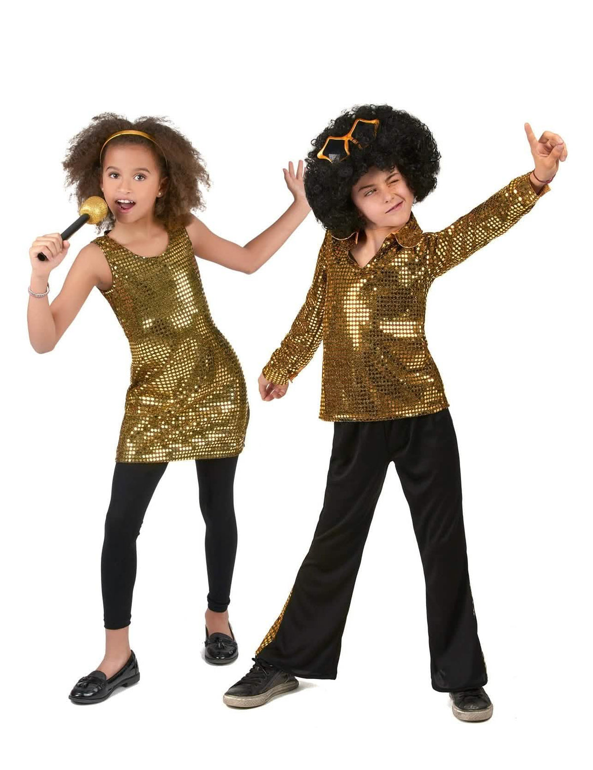 70er-Jahre Paarkostüm für Kinder schwarz-gold
