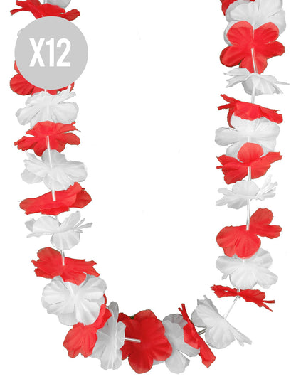 Set mit 12 Hawaii-Ketten rot weiß für Erwachsene