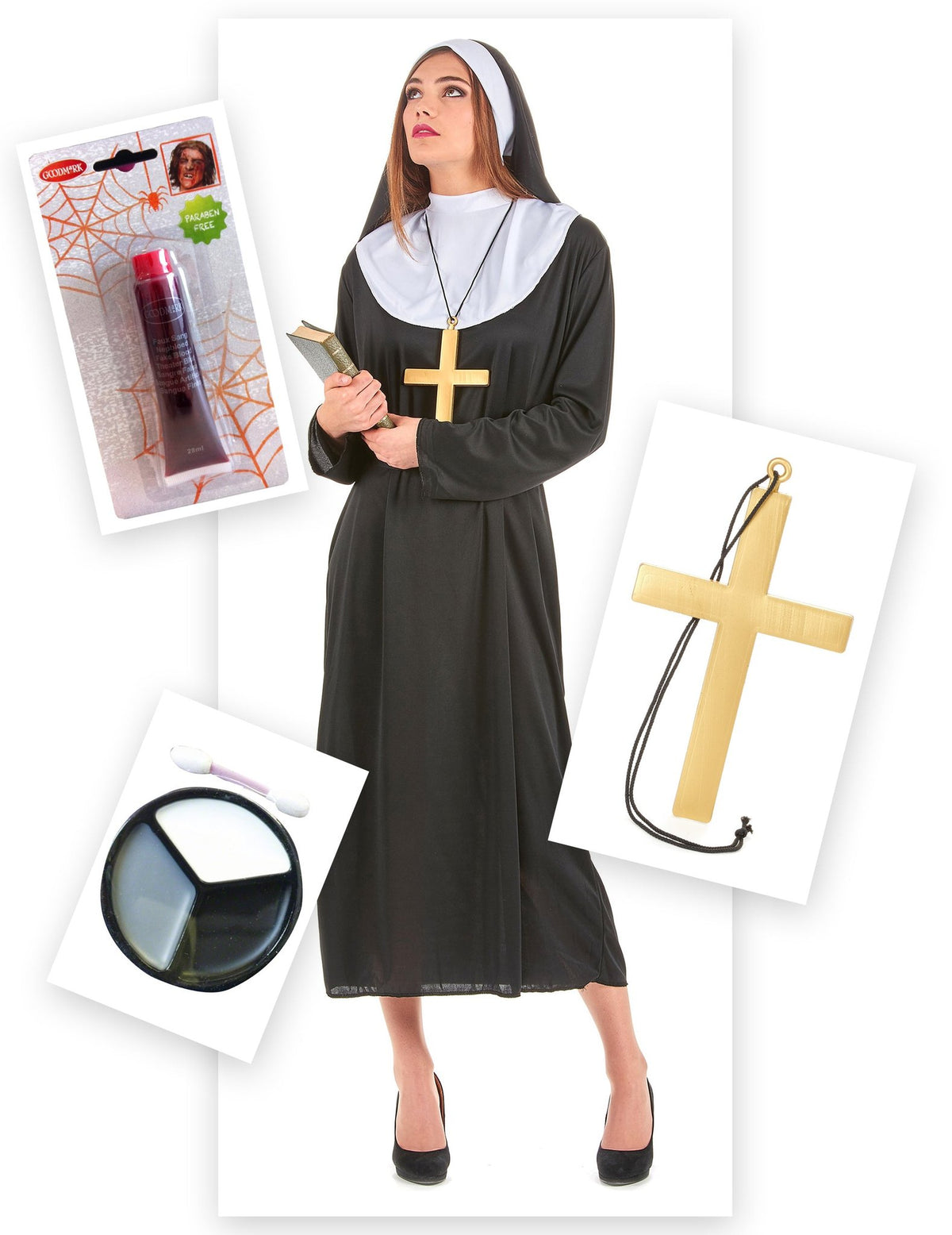 Zombiehaftes Nonnen-Kostüm Halloween-Set 7-teilig schwarz-weiss
