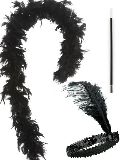 Federstirnband Charleston Damen set schwarz