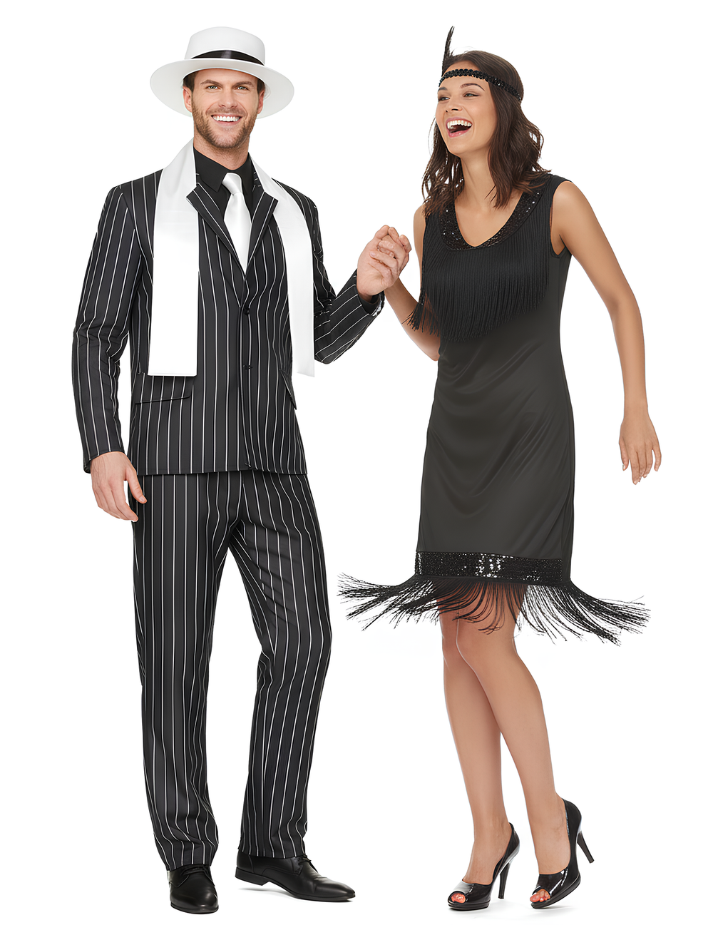 Déguisement de couple des années 20 pour adultes noir avec costume à rayures et robe à franges