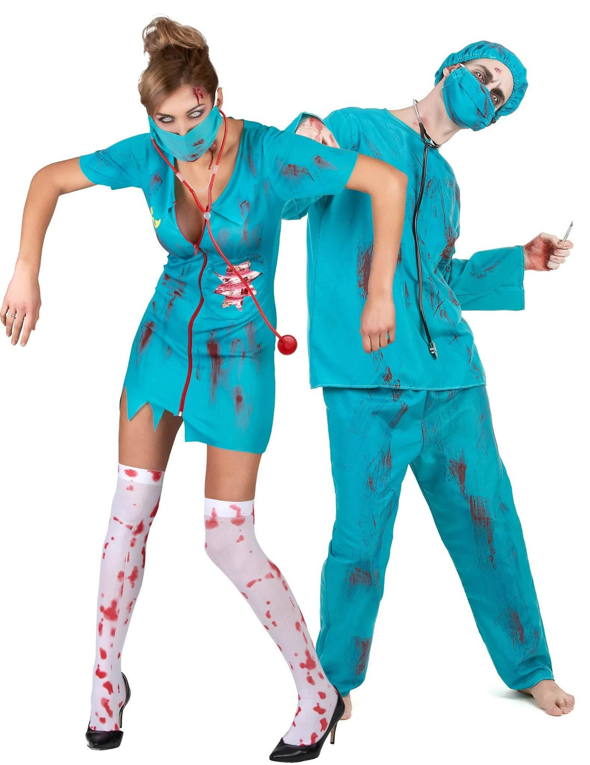 Zombie-Chirurgen Paarkostüm Arzt für Erwachsene Halloween türkisfarben-rot