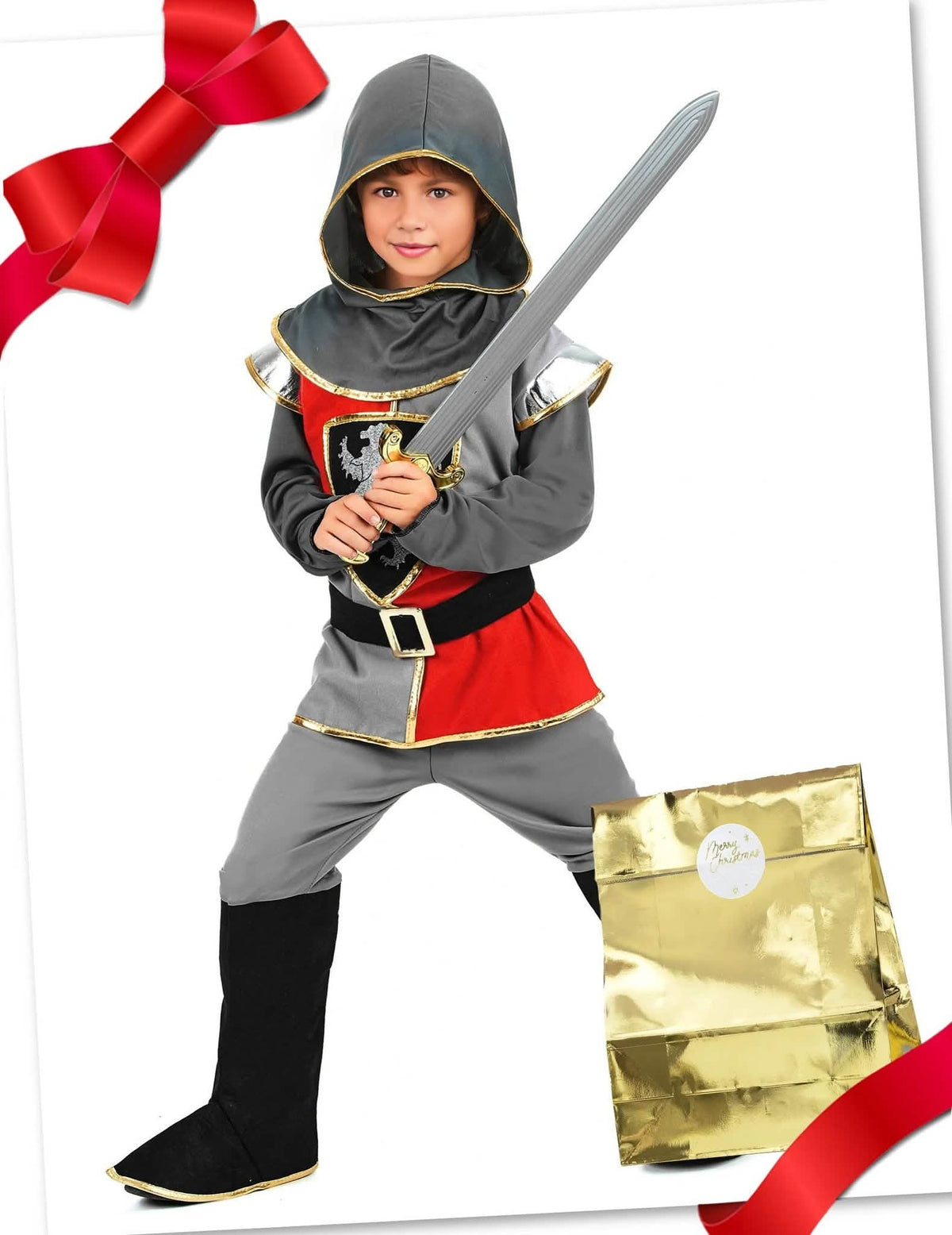 Ritterkostüm-Geschenke-Set für Kinder mit Schwert und Geschenk-Tasche silber-rot