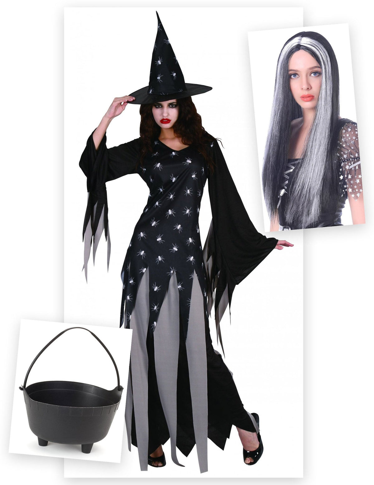 Hexe Kostüm-Set mit Hexenkessel und Perücke schwarz-grau
