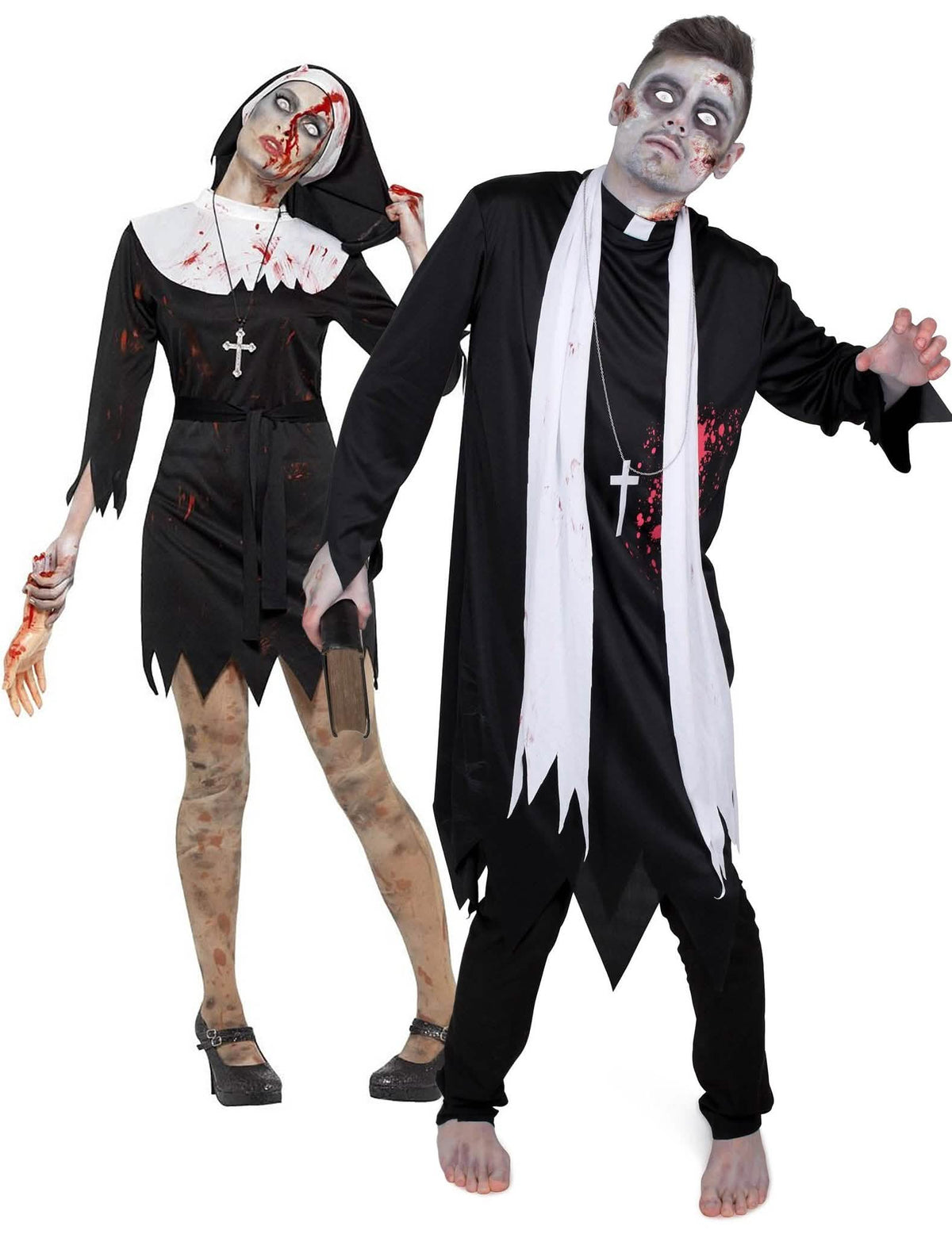Religiöses Paarkostüm für Erwachsene Priester und Nonne Halloween schwarz-weiß-rot