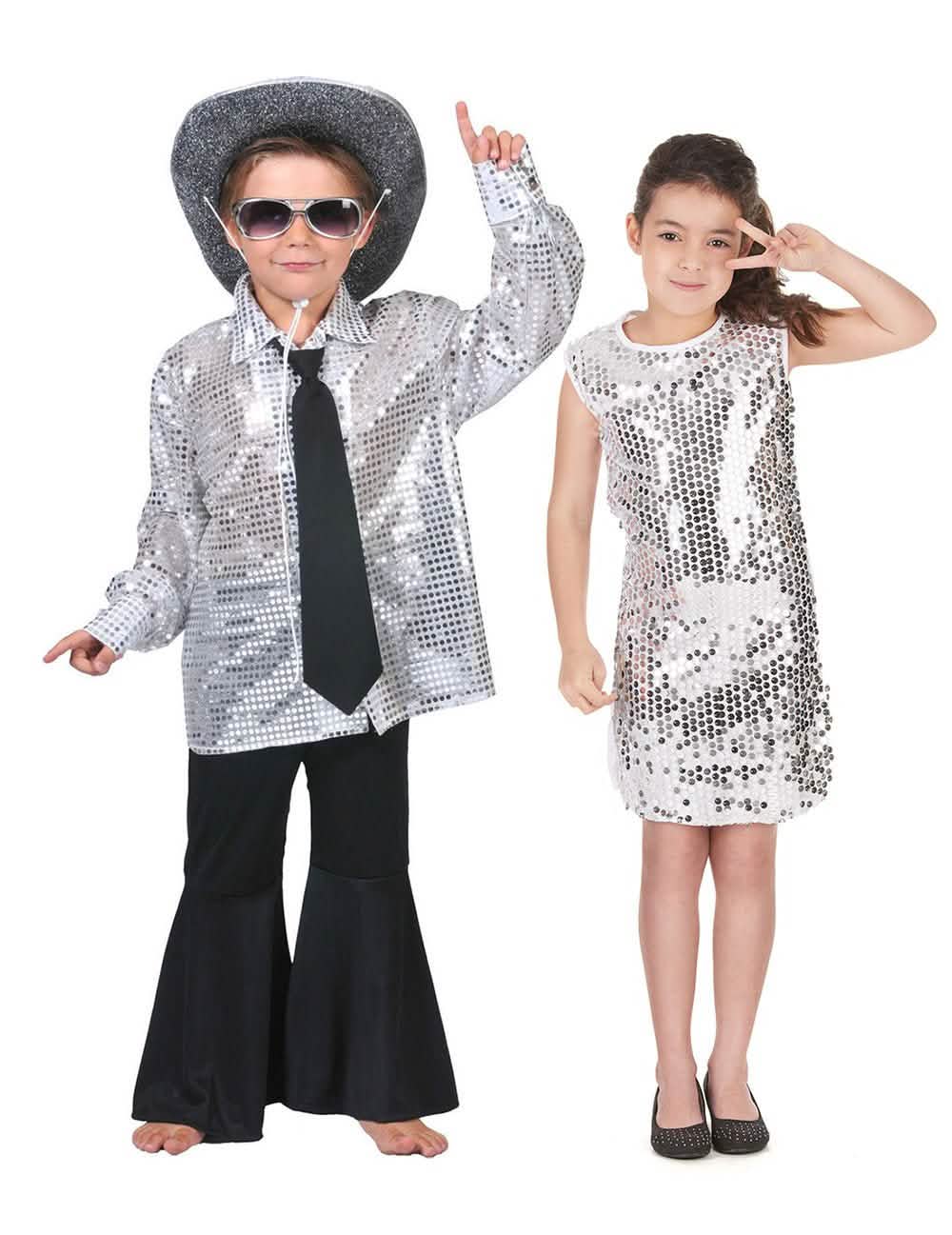 Disco Paarkostüm für Kinder silber