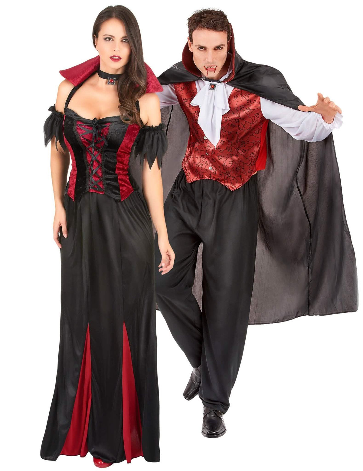 Elegantes Vampir-Paarkostüm für Damen und Herren Halloween schwarz-rot-weiß