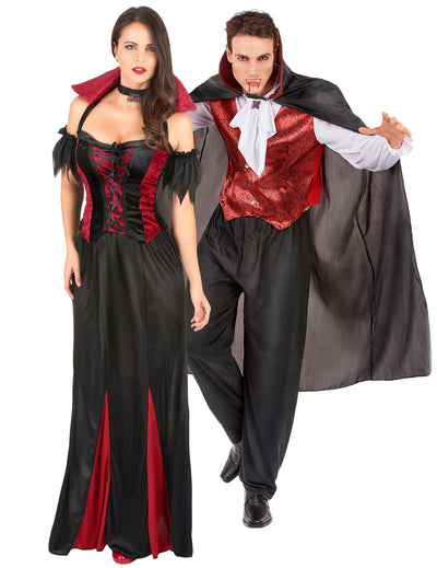 Elegantes Vampir-Paarkostüm für Damen und Herren Halloween schwarz-rot-weiß