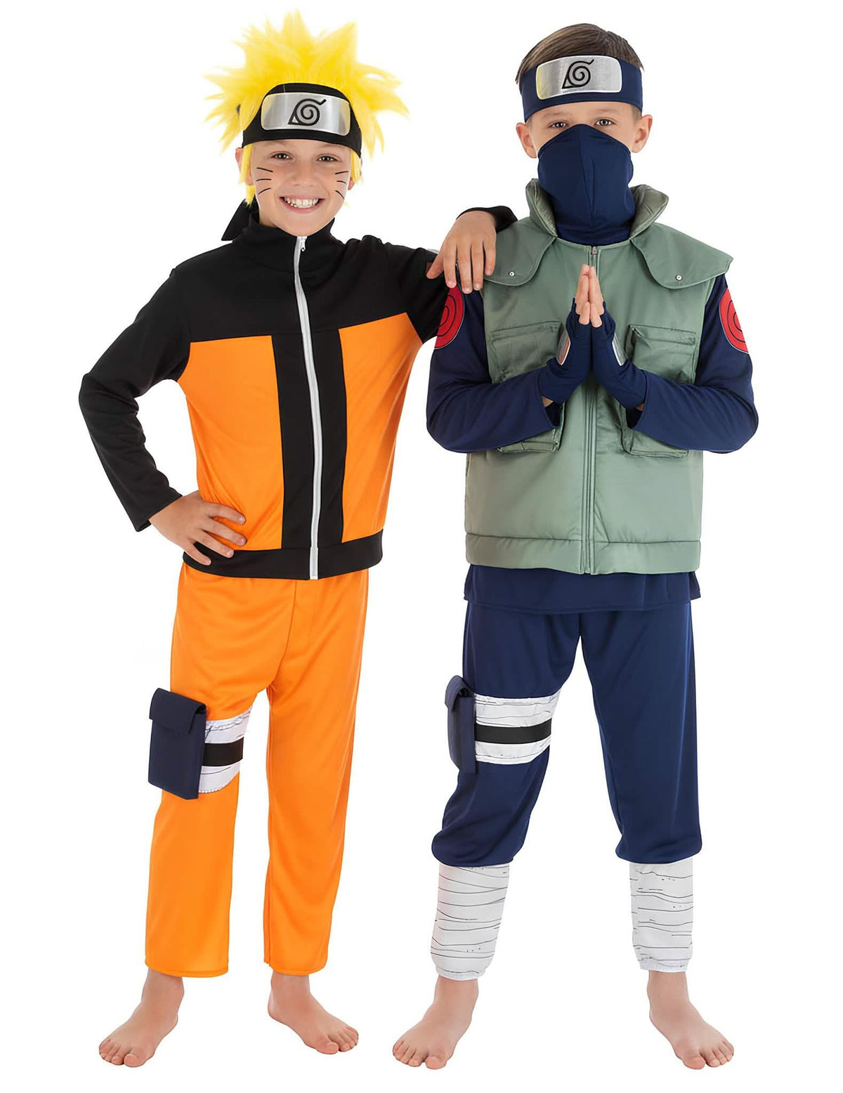 Déguisement de couple Naruto™ et Kakashi™ pour enfants orange et vert avec bandeaux