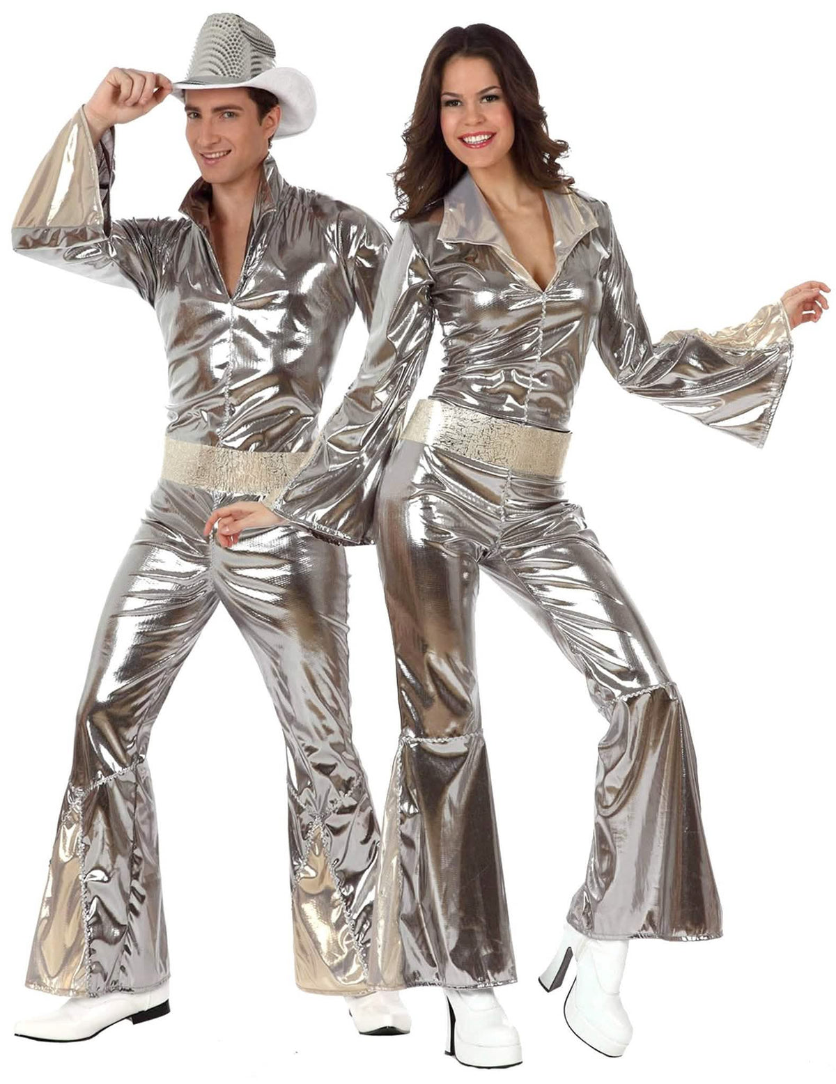 70er-Jahre Disco-Paarkostüm für Erwachsene Fasching silberfarben