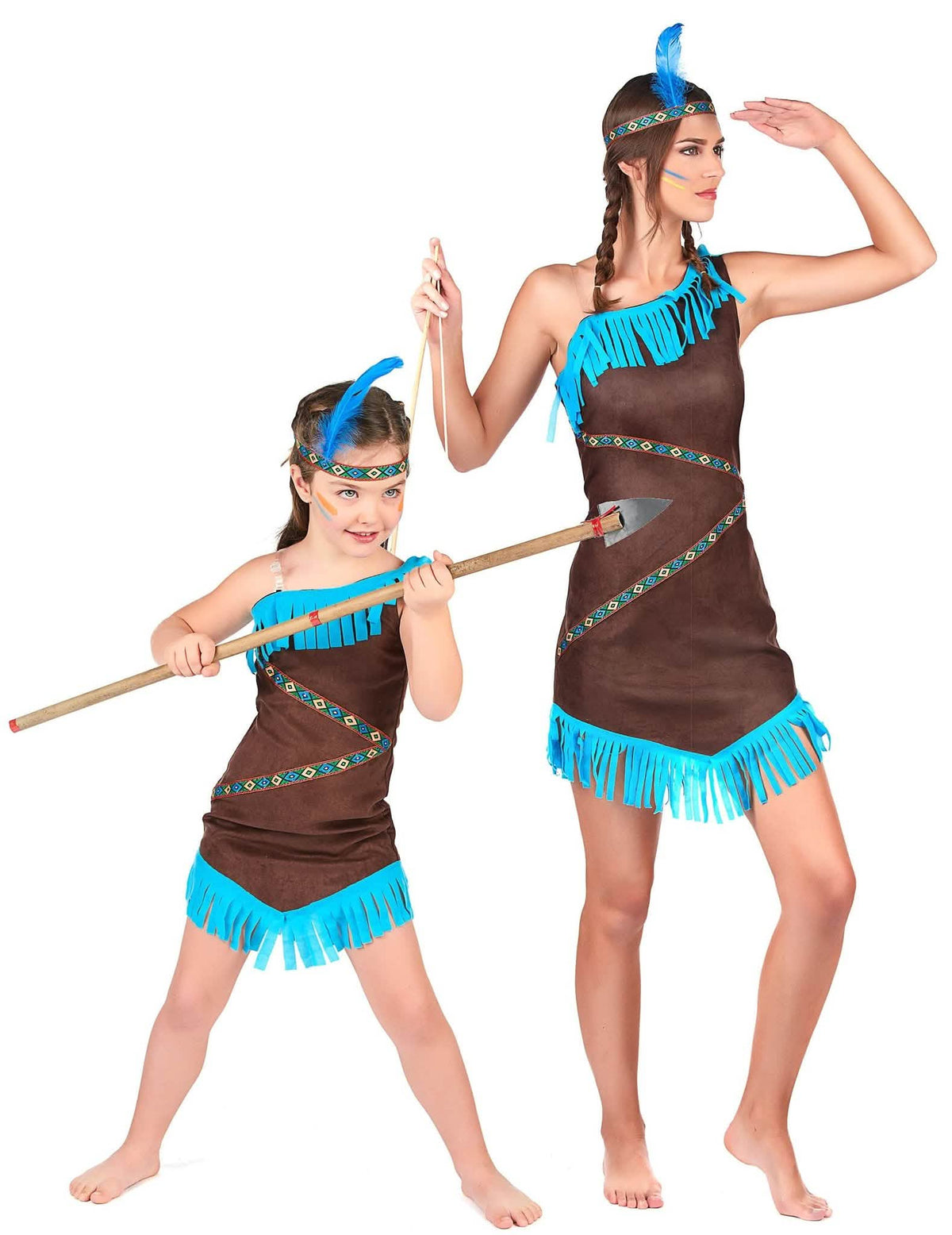 Indianer Paarkostüm für Mutter und Kind türkis-braun
