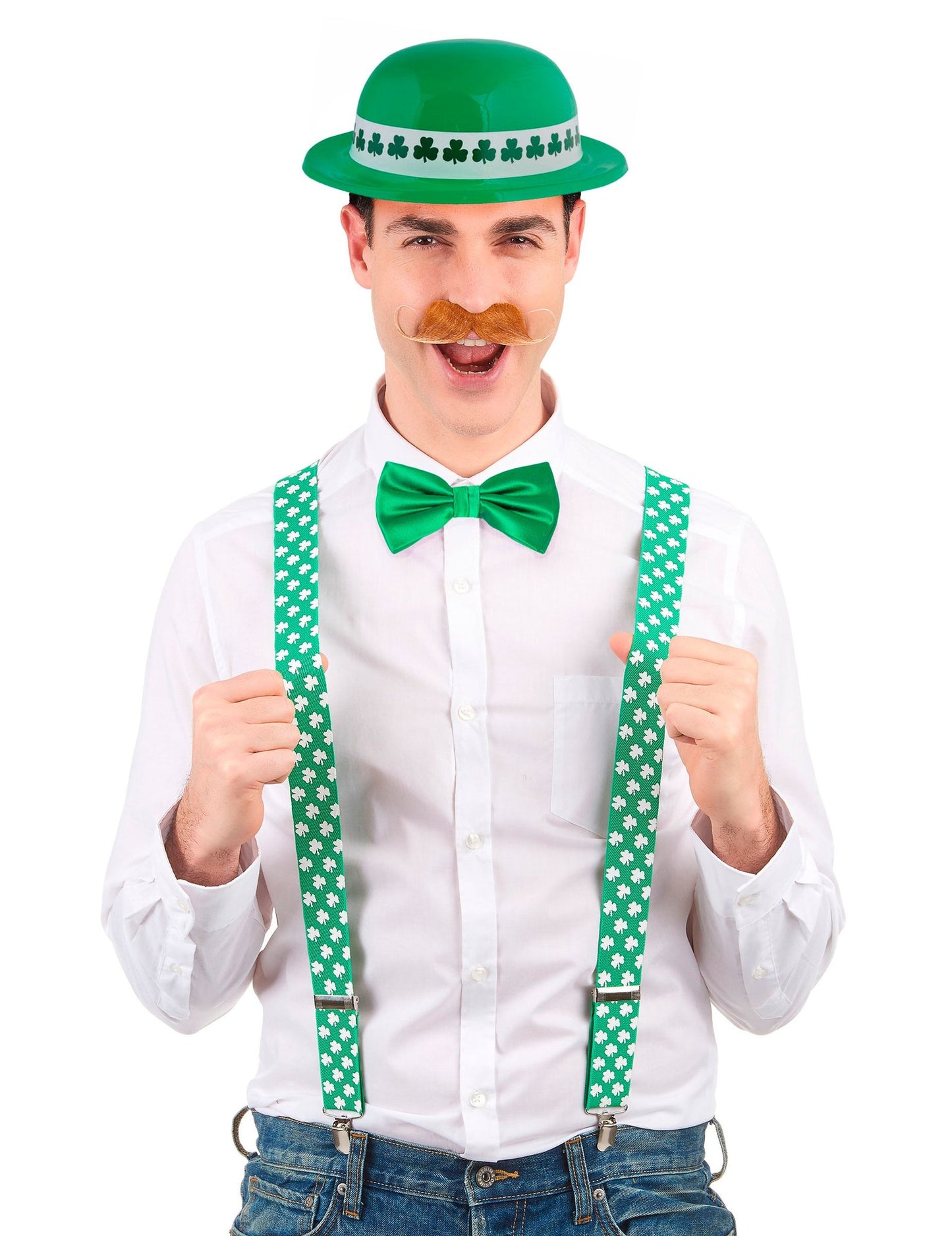 St. Patrick's Set mit Hut, Hosenträgern und Fliege grün