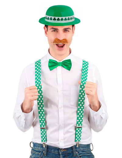 St. Patrick's Set mit Hut, Hosenträgern und Fliege grün