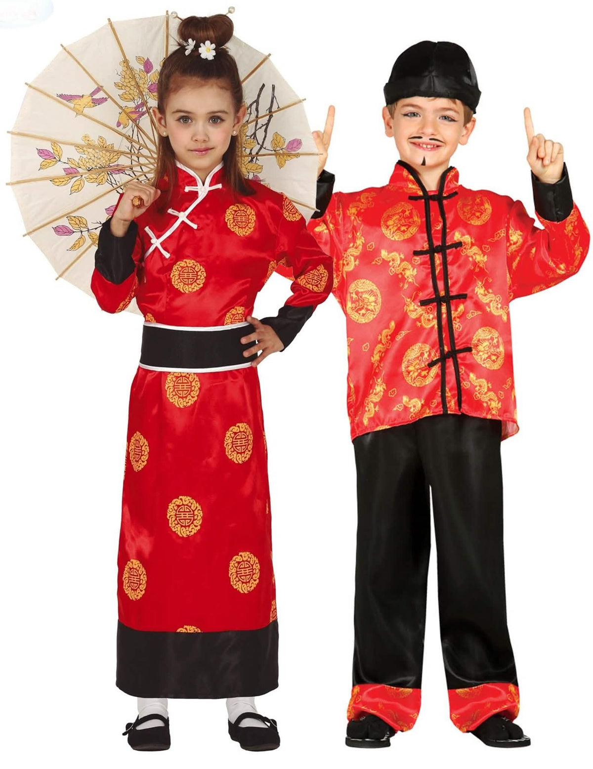 Kimono-Paarkostüm für Kinder Chinesische-Verkleidung Rot-schwarz