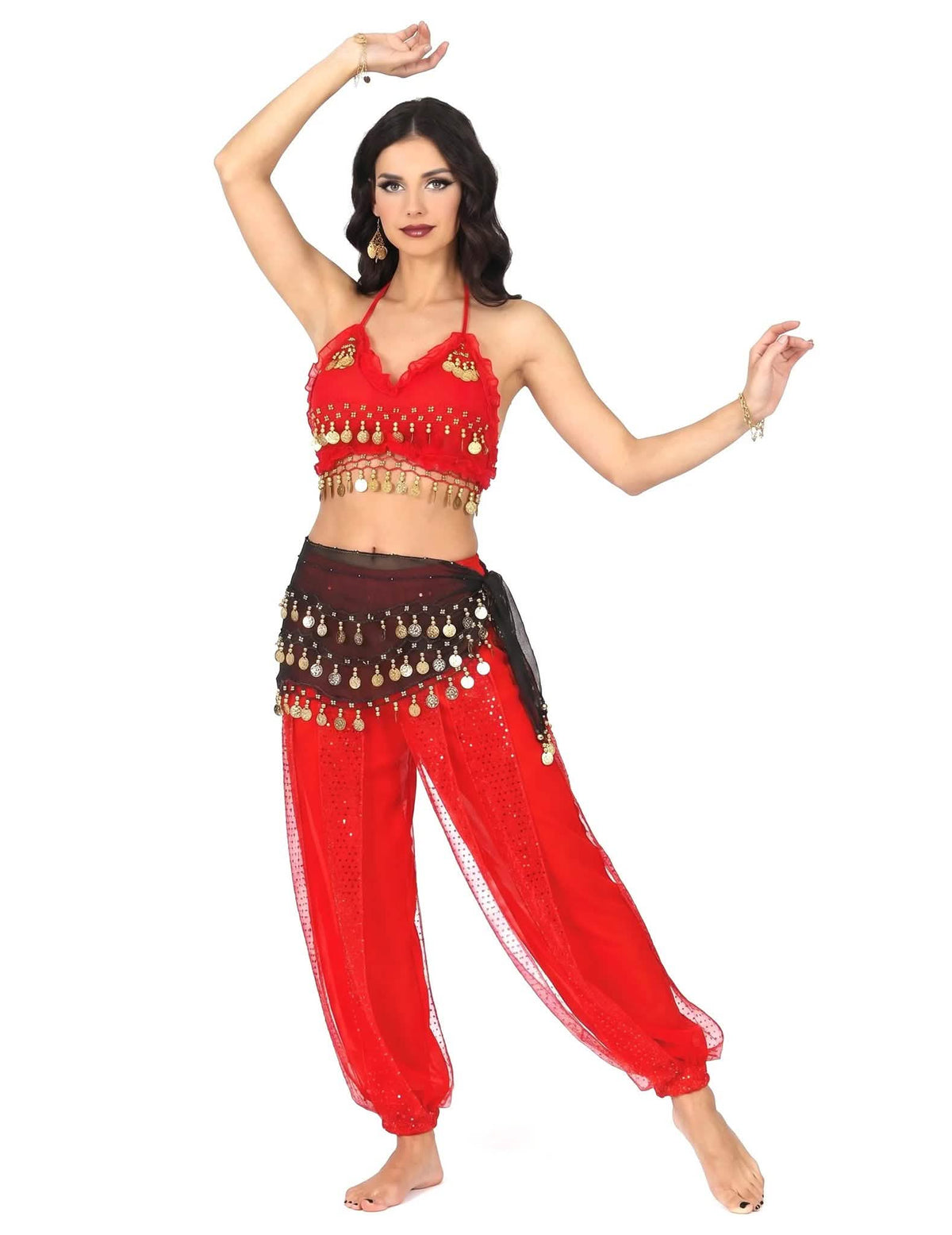 Komplettes orientalisches Tänzerinnenkostüm rot und schwarz für Damen