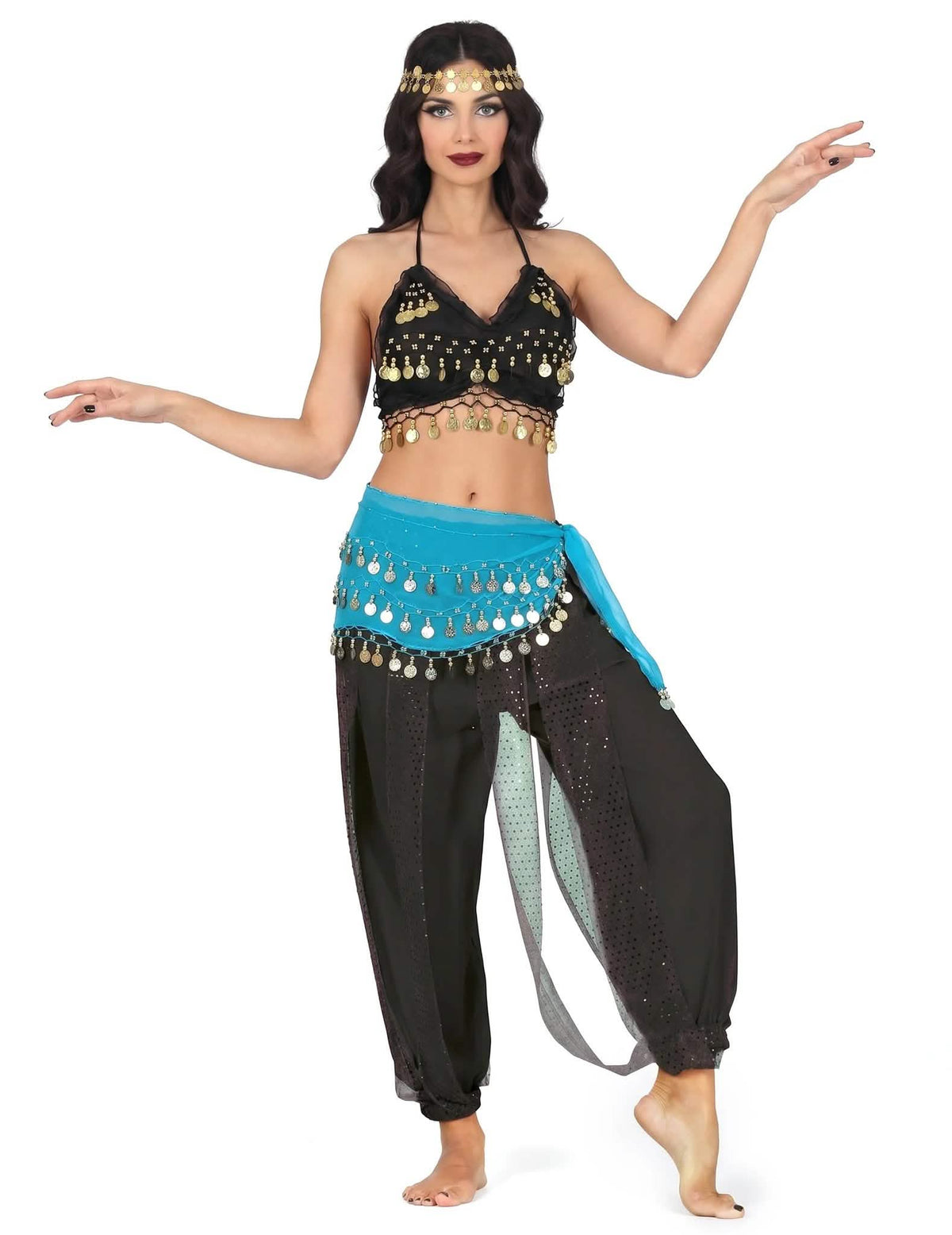 Komplettes orientalisches Tänzerinnenkostüm in Schwarz und Blau für Damen